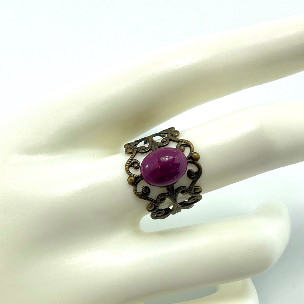 Gothic, Amber & Bronze Filigree Adjustable Ring, Victorian, Castle Core